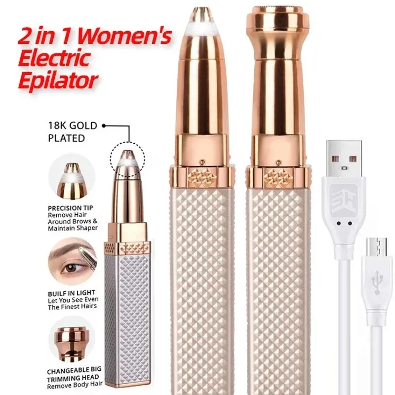 Épilateur électrique 2 en 1 pour femme, rechargeable par USB, portable, rasoir indolore pour le bikini, le corps et le visage, avec tondeuse à sourcils