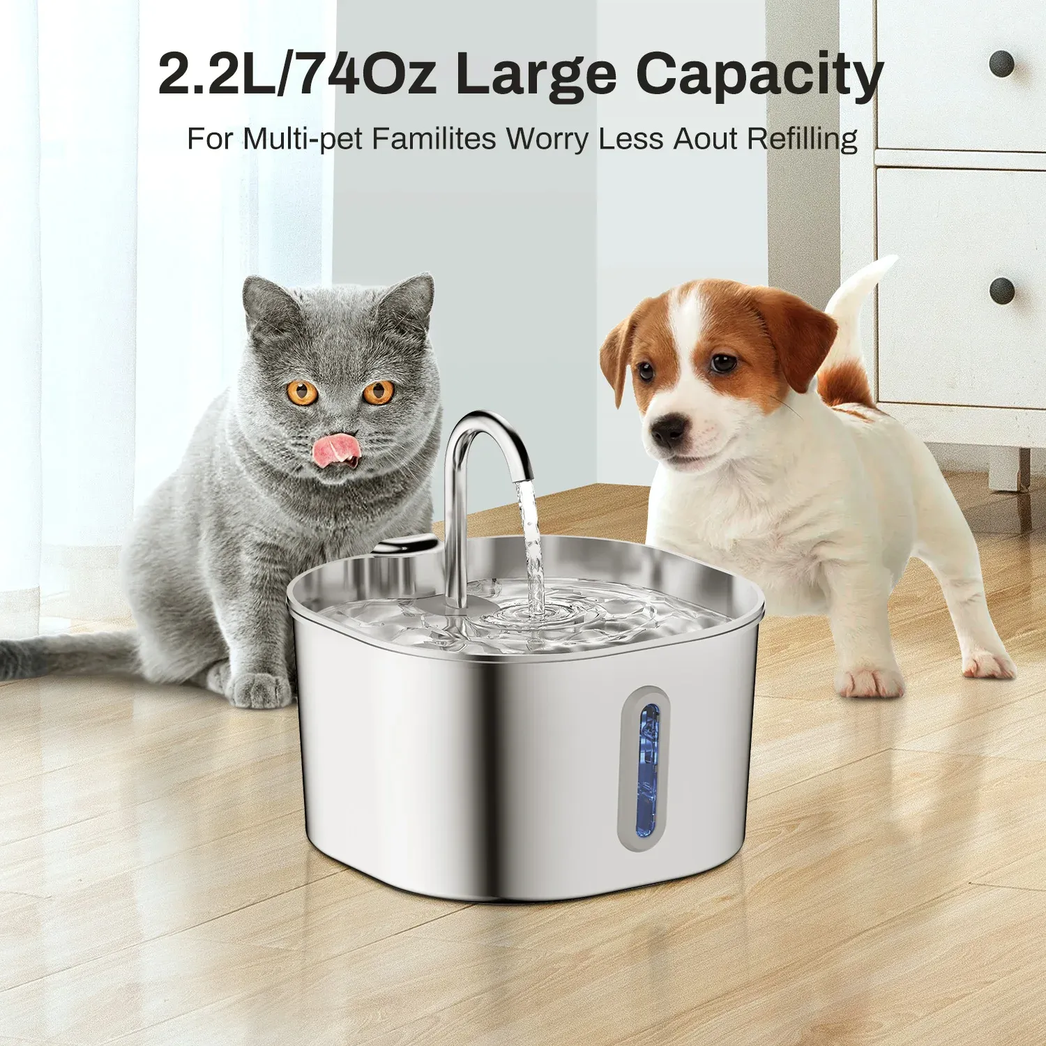 Fontaine à eau en acier inoxydable pour chats, 2,2 L, avec filtre, abreuvoir pour chiens et chats, pompe ultra silencieuse 2