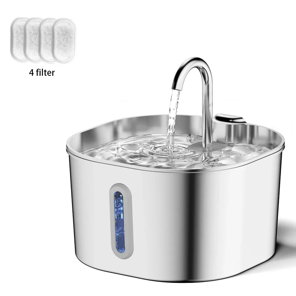 Fontaine à eau en acier inoxydable pour chats, 2,2 L, avec filtre, abreuvoir pour chiens et chats, pompe ultra silencieuse 8