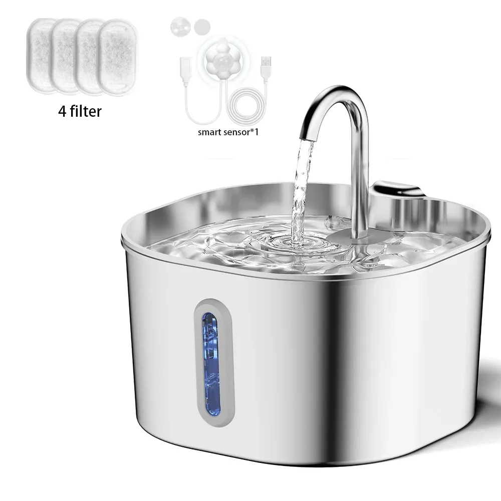 Fontaine à eau en acier inoxydable pour chats, 2,2 L, avec filtre, abreuvoir pour chiens et chats, pompe ultra silencieuse 9