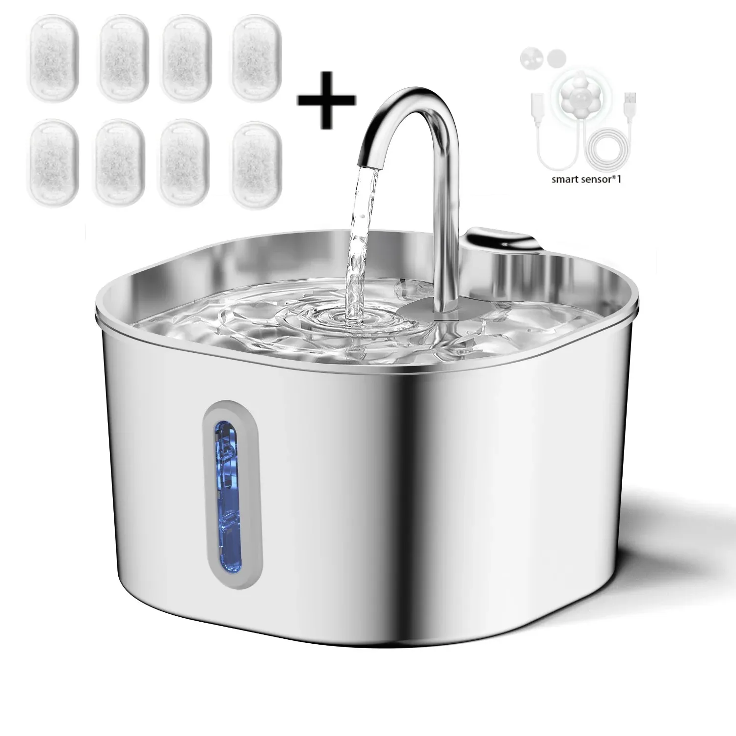 Fontaine à eau en acier inoxydable pour chats, 2,2 L, avec filtre, abreuvoir pour chiens et chats, pompe ultra silencieuse 11