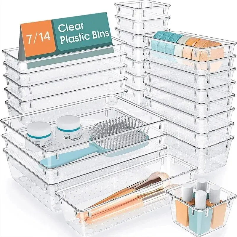 Ensemble de 7 ou 14 bacs de rangement transparents en plastique pour bureau - Image 1