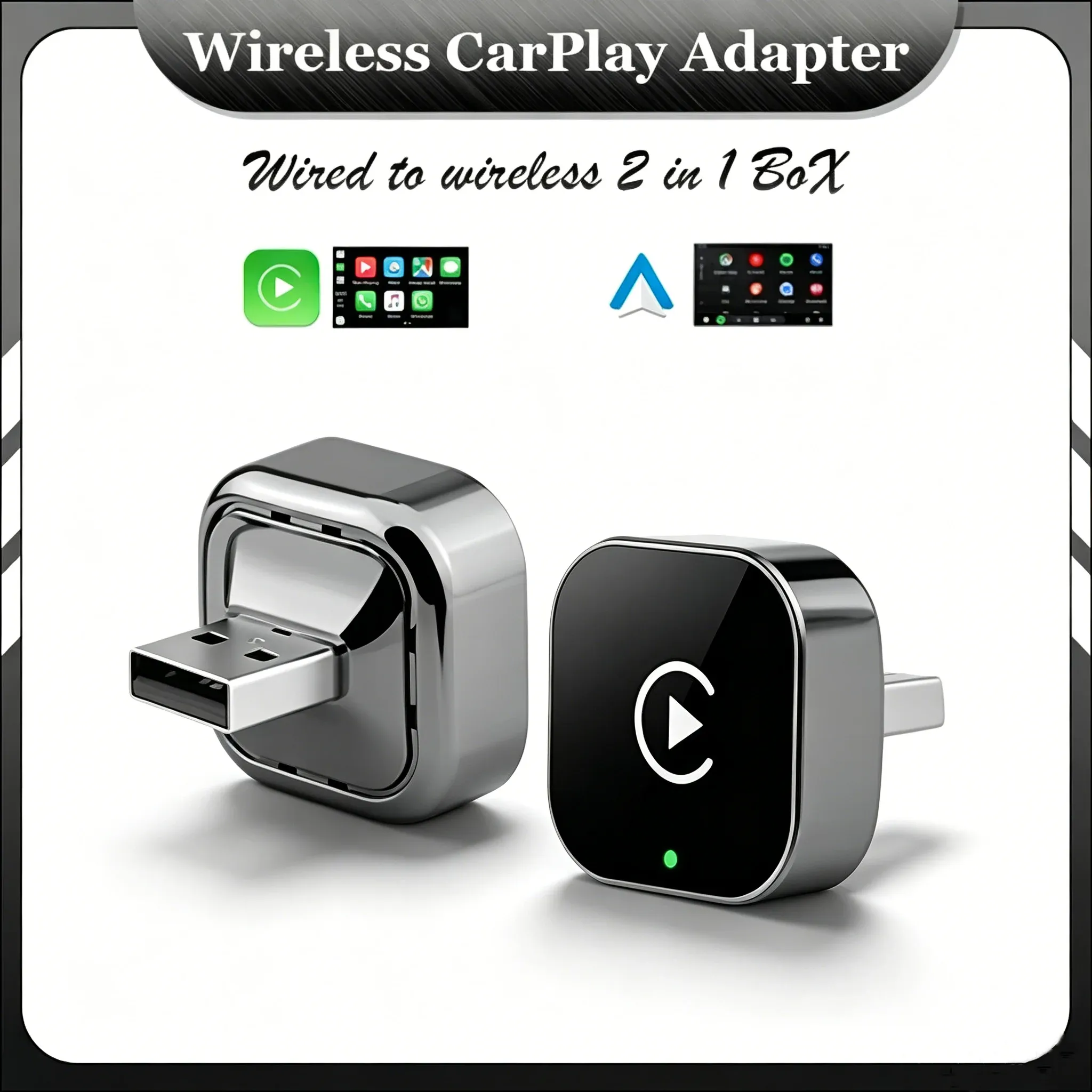 Adaptateur sans fil 2-en-1 CarPlay et Android Auto 2026, Wi-Fi 5 GHz, connexion Type-C/USB, plug & play