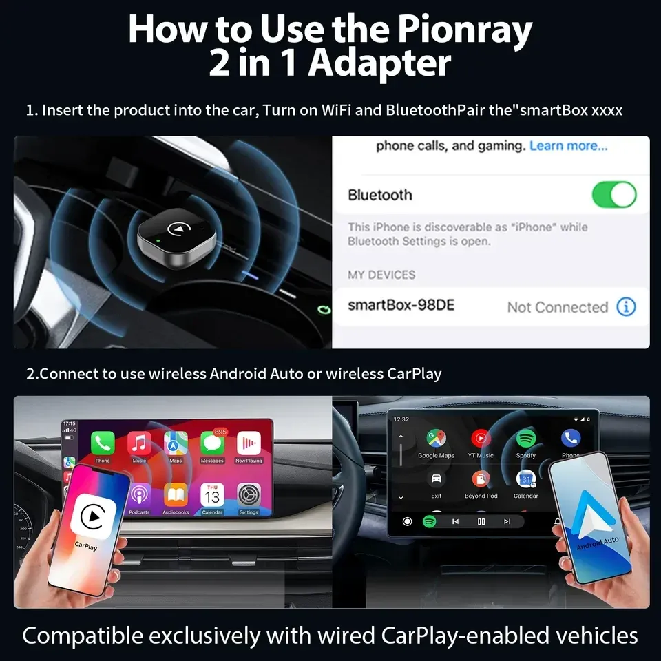 Adaptateur sans fil 2-en-1 CarPlay et Android Auto 2026, Wi-Fi 5 GHz, connexion Type-C/USB, plug & play 2