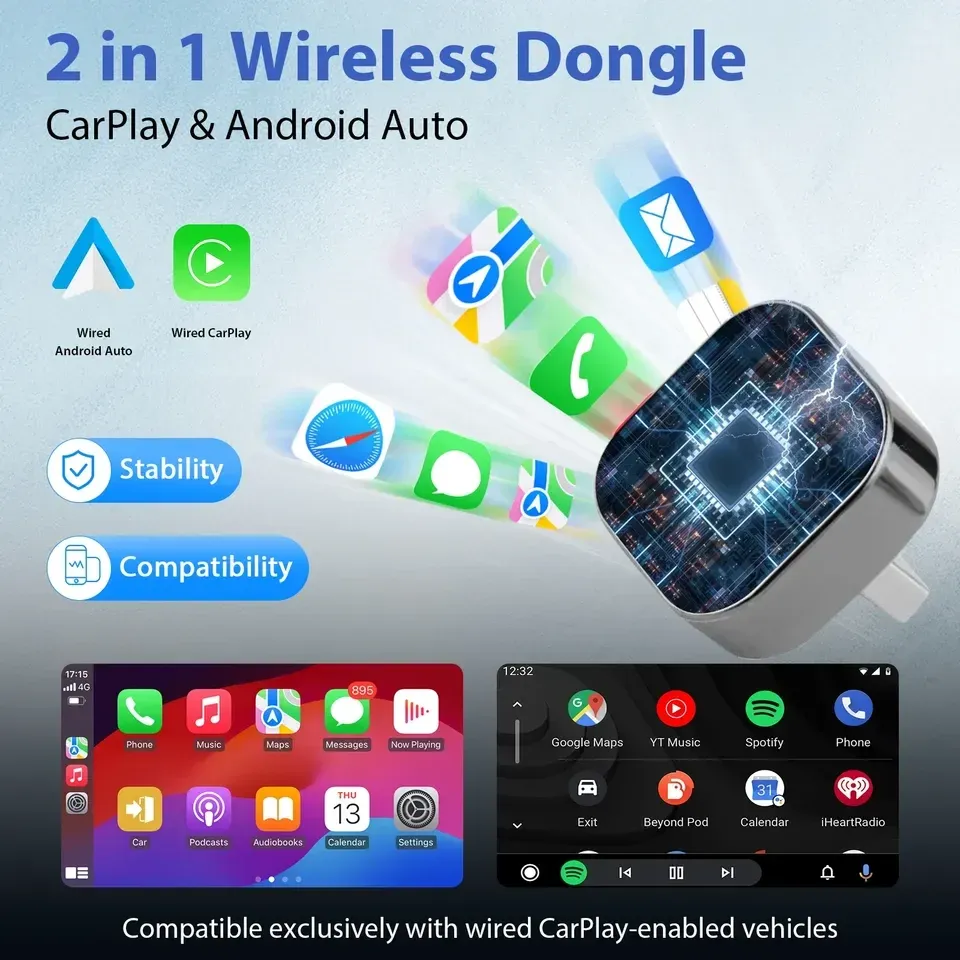 Adaptateur sans fil 2-en-1 CarPlay et Android Auto 2026, Wi-Fi 5 GHz, connexion Type-C/USB, plug & play 5