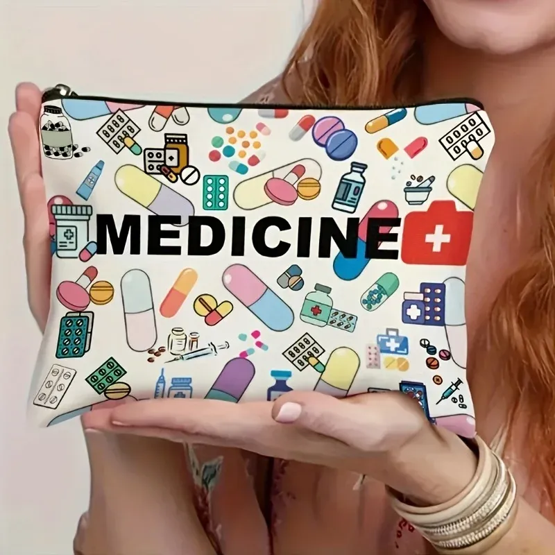 Sac de voyage cosmétique pliable à fermeture éclair sur le thème des médicaments, organisateur de maquillage, idéal en cadeau pour professionnels de santé - Image 1