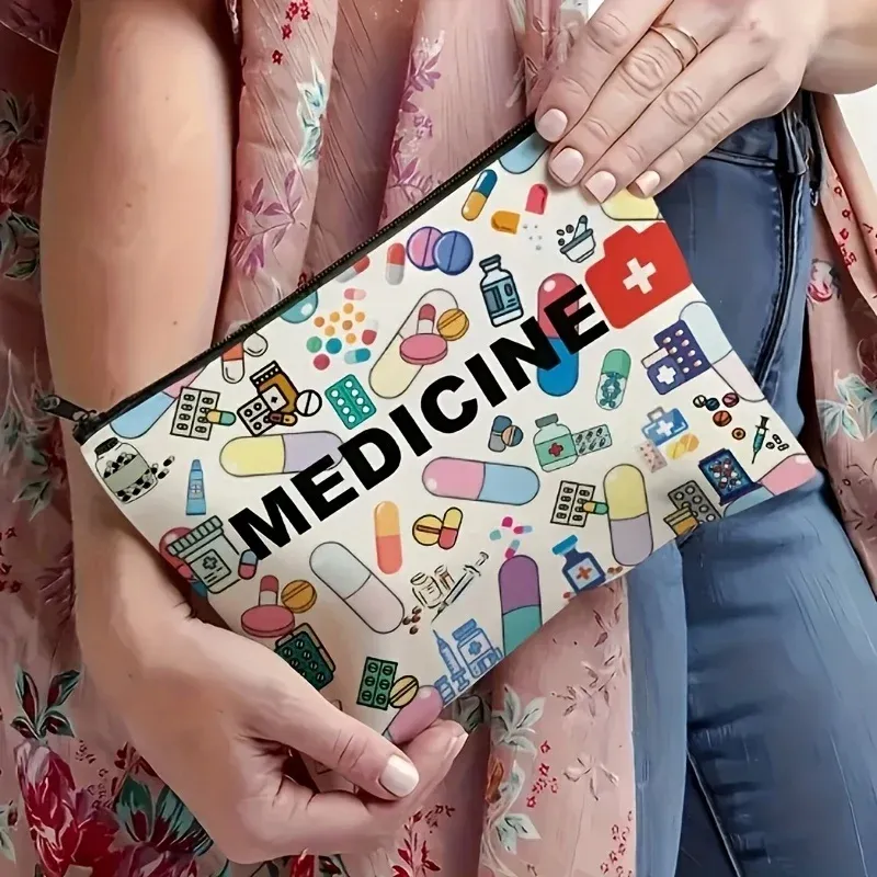 Sac de voyage cosmétique pliable à fermeture éclair sur le thème des médicaments, organisateur de maquillage, idéal en cadeau pour professionnels de santé 5