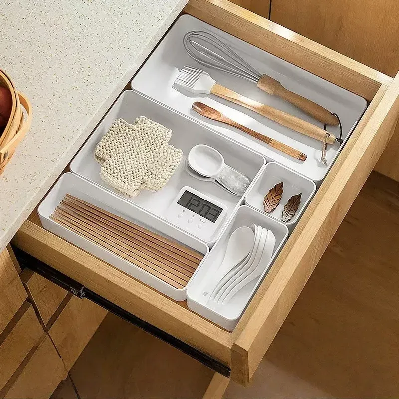 Ensemble de rangement à tiroirs 5 pièces en plastique, organiseur de bureau avec séparateurs pour cosmétiques, papeterie, ustensiles de cuisine et rangement domestique 3