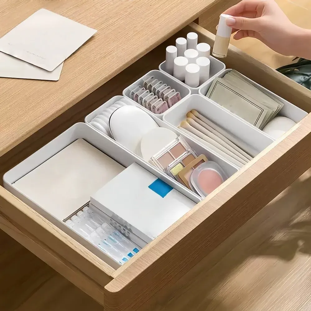 Ensemble de rangement à tiroirs 5 pièces en plastique, organiseur de bureau avec séparateurs pour cosmétiques, papeterie, ustensiles de cuisine et rangement domestique 5