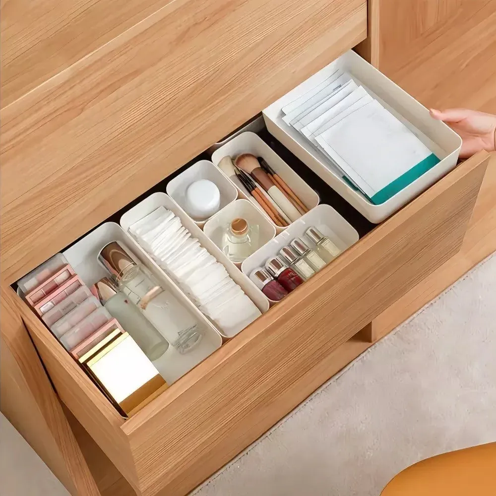 Ensemble de rangement à tiroirs 5 pièces en plastique, organiseur de bureau avec séparateurs pour cosmétiques, papeterie, ustensiles de cuisine et rangement domestique 4
