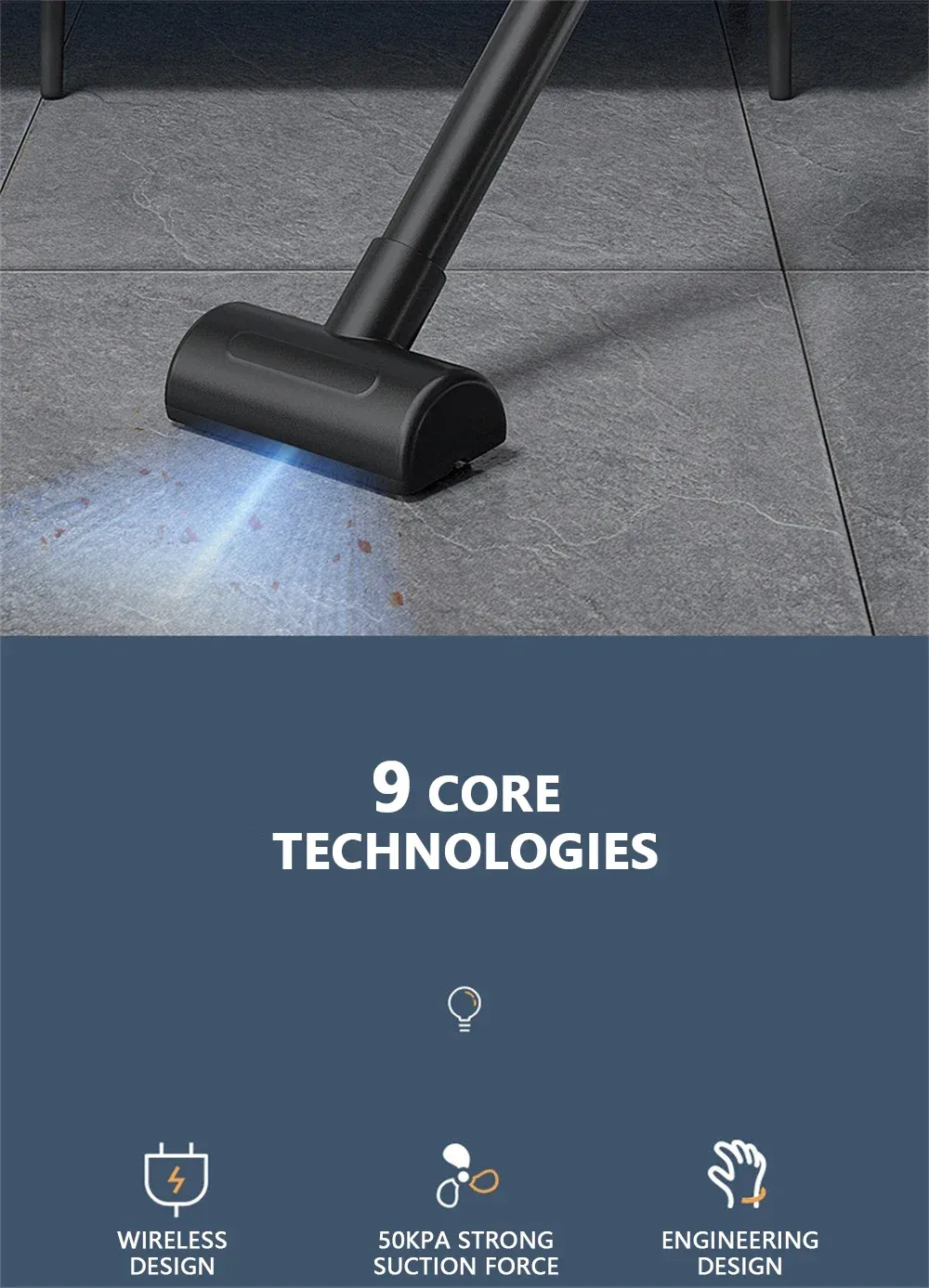 Aspirateur à main sans fil, détail du design