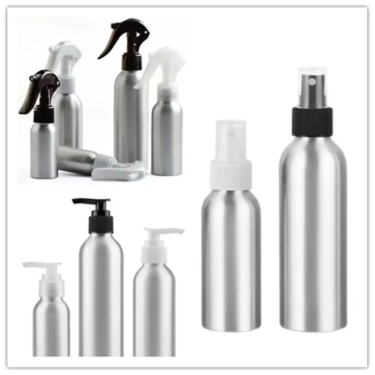 Flacon rond vide en aluminium avec pulvérisateur à gâchette, brumisateur fin ou pompe à lotion – 1 oz, 2 oz, 4 oz, 8 oz, 20 ml, 30 ml, 50 ml, 60 ml, 100 ml, 150 ml, 200 ml, 250 ml