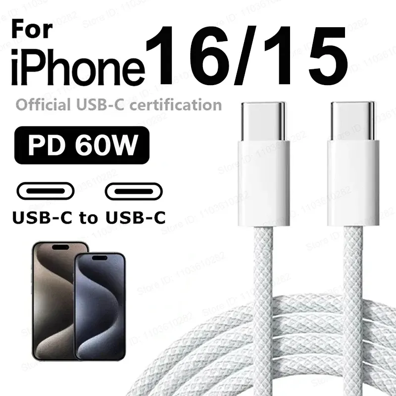 Câble de charge rapide USB-C d'origine 60 W PD pour iPhone 17 Air, 16 Pro Max et 15 Plus 1