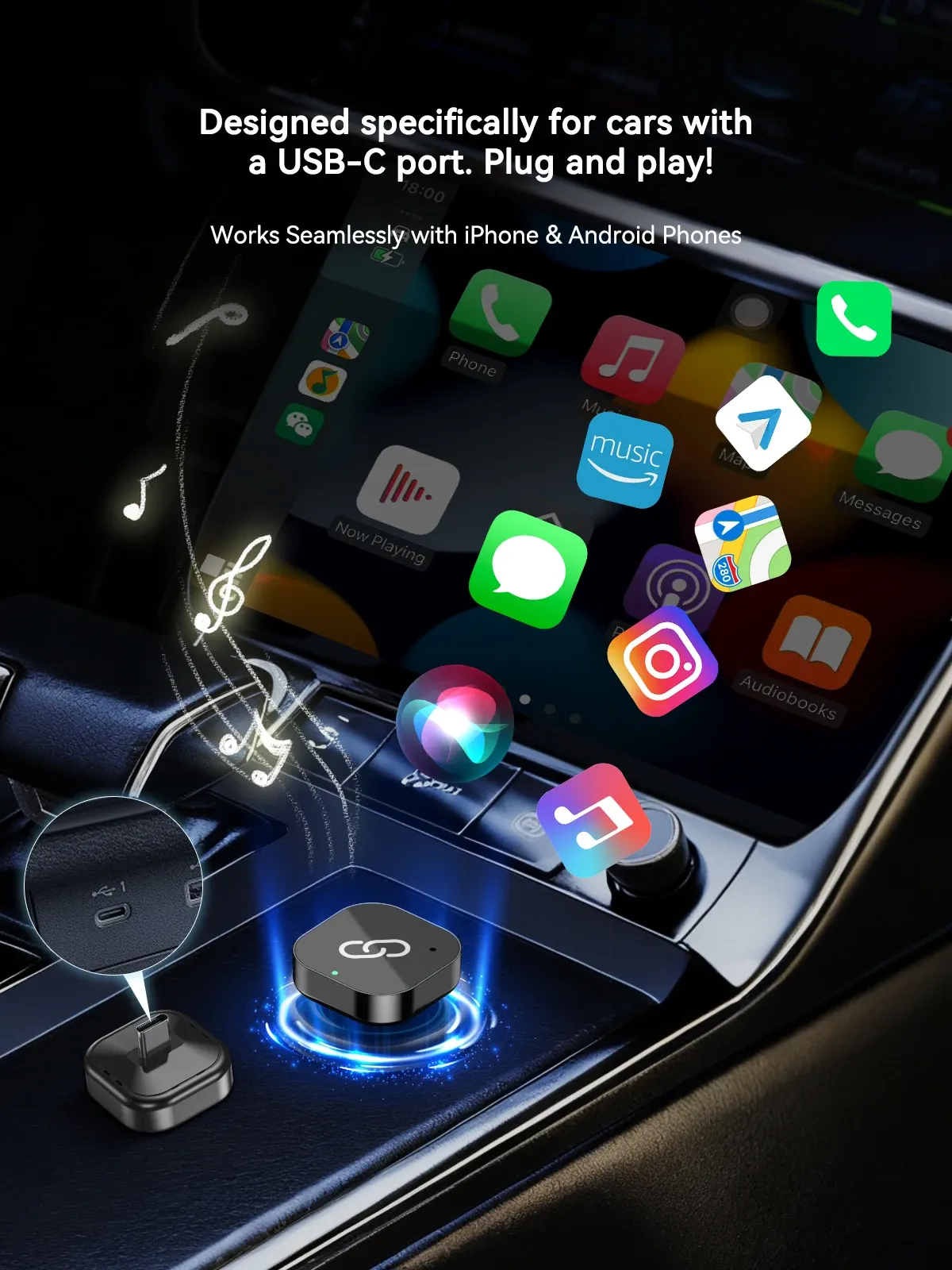 Adaptateur CarPlay sans fil USB-C pour Android Auto USB-C, convertit CarPlay filaire en sans fil, plug & play, dongle CarPlay 2 en 1 4