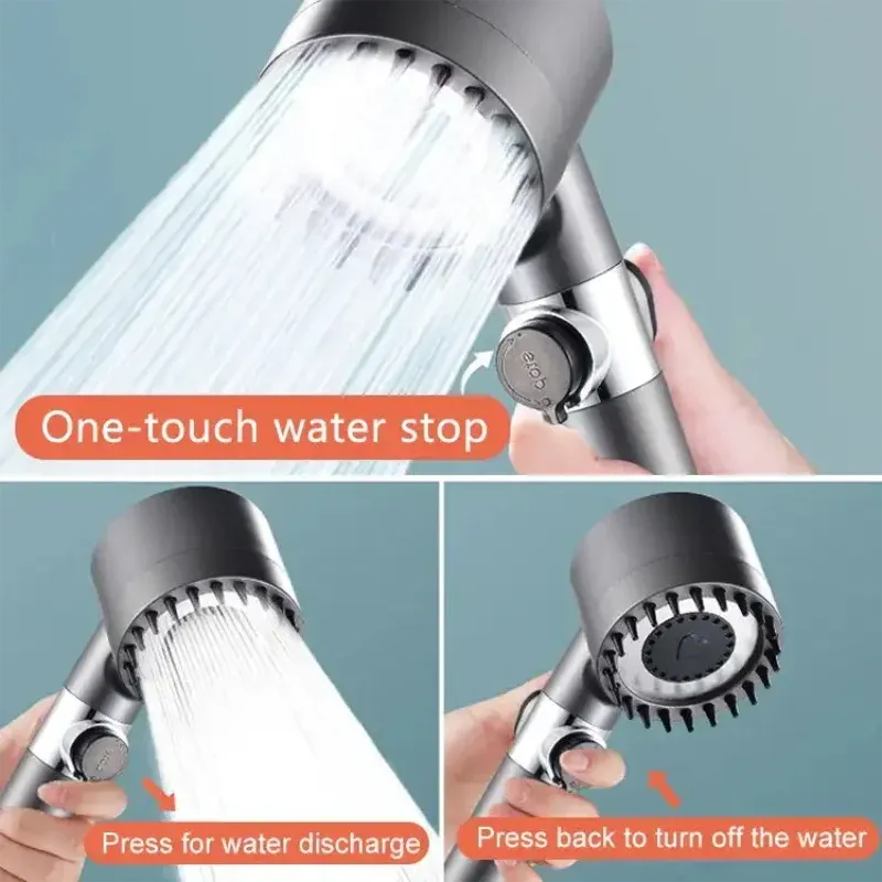 Pommeau de douche haute pression, 3 modes, filtre réglable avec brosse de massage, arrêt une touche, accessoires de salle de bain 3