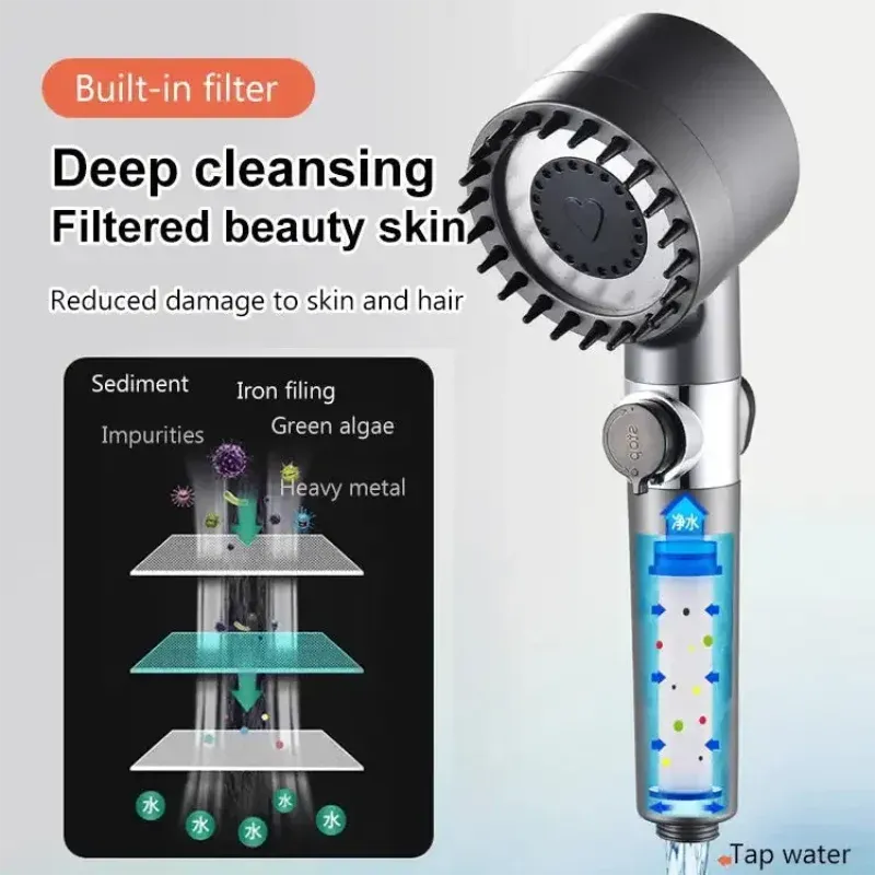 Pommeau de douche haute pression, 3 modes, filtre réglable avec brosse de massage, arrêt une touche, accessoires de salle de bain 5