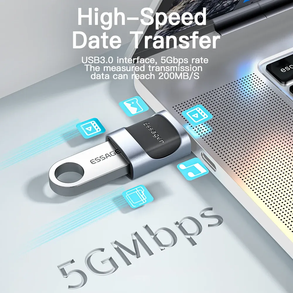 Adaptateur OTG Essager USB 3.0 vers USB-C, USB-A mâle vers USB-C femelle, convertisseur pour MacBook et ordinateurs portables avec lecteur de carte 3