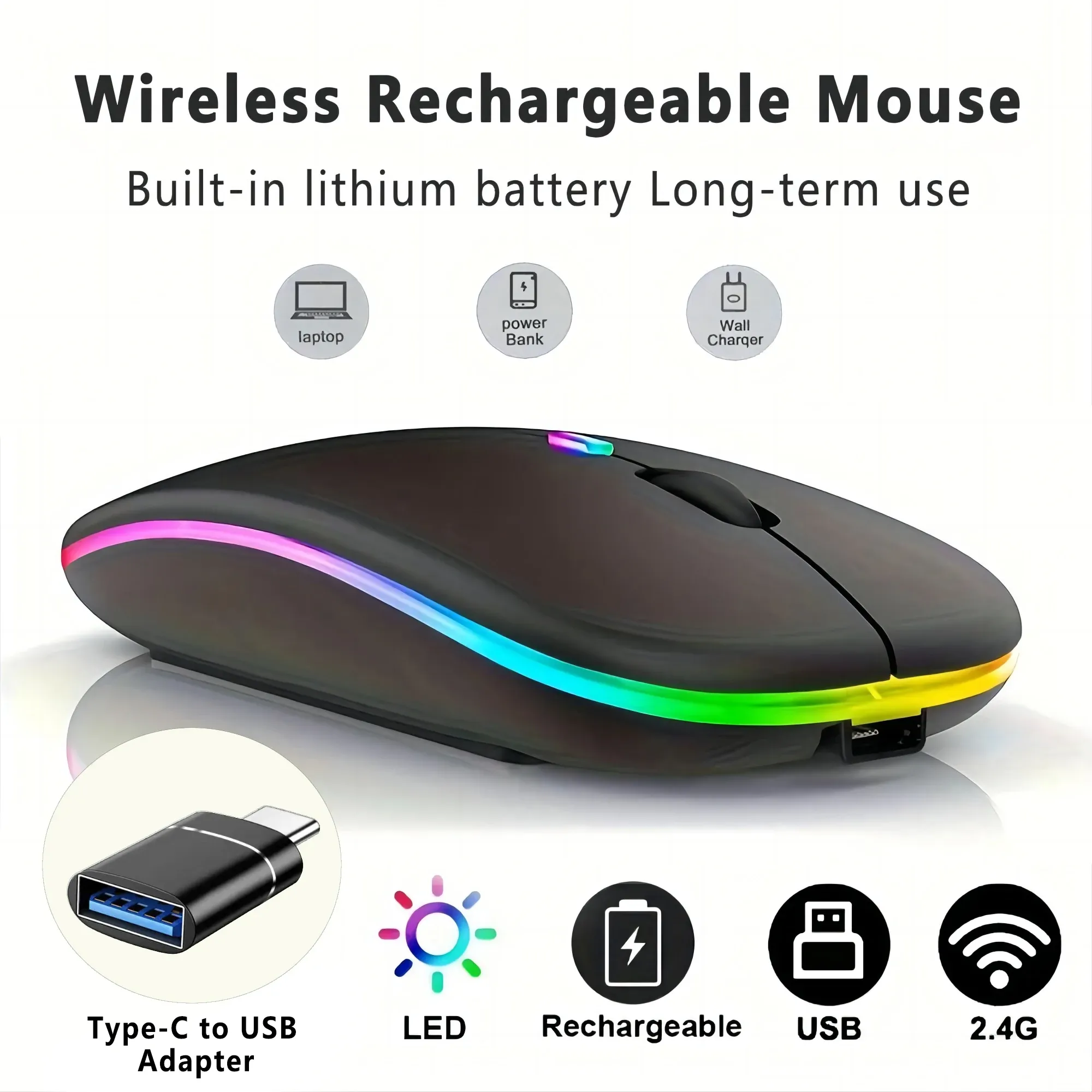 Souris de jeu sans fil rechargeable à rétroéclairage LED, Bluetooth, avec adaptateur USB-C, compatible Mac, ordinateur portable, PC et Windows 1