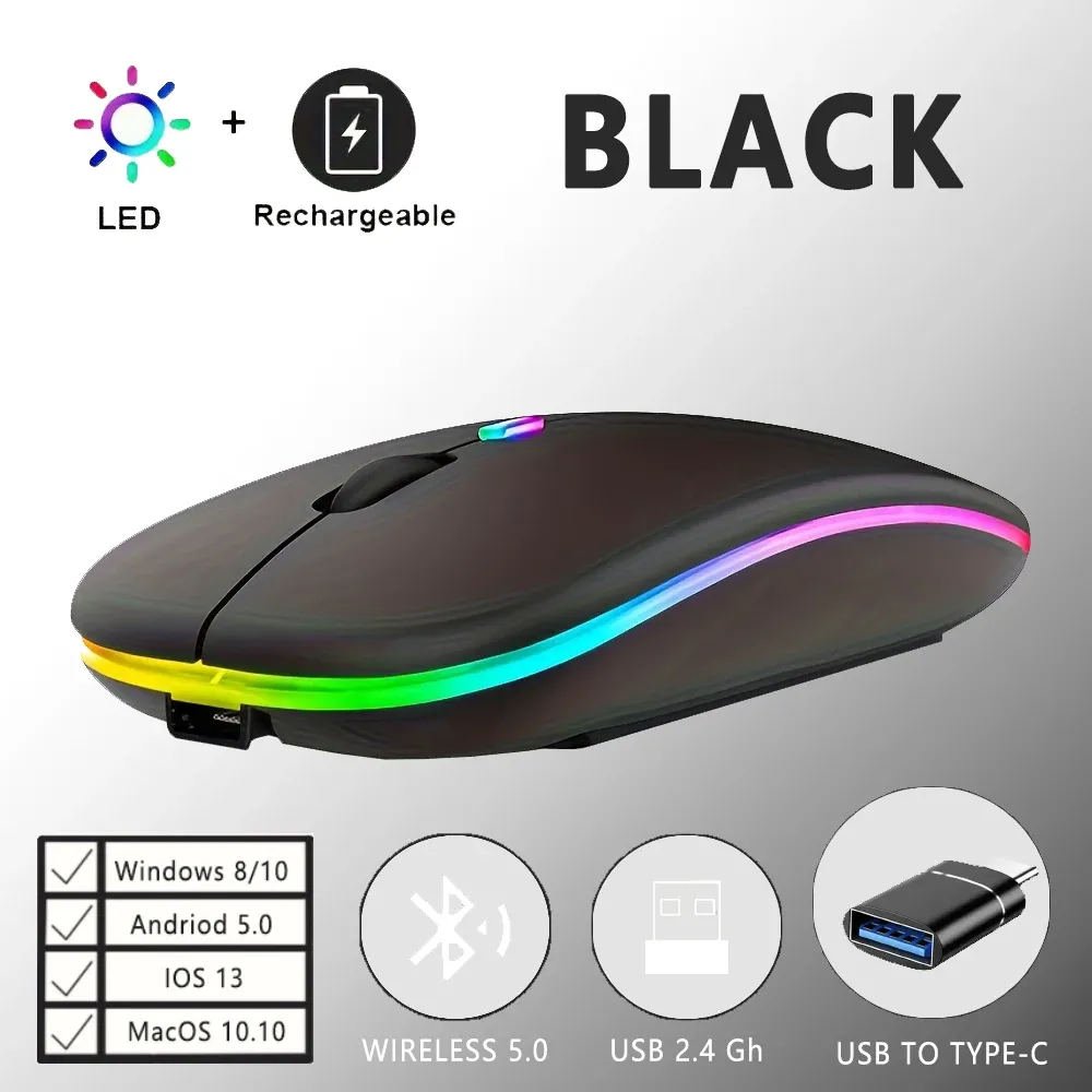 Souris de jeu sans fil rechargeable à rétroéclairage LED, Bluetooth, avec adaptateur USB-C, compatible Mac, ordinateur portable, PC et Windows 13