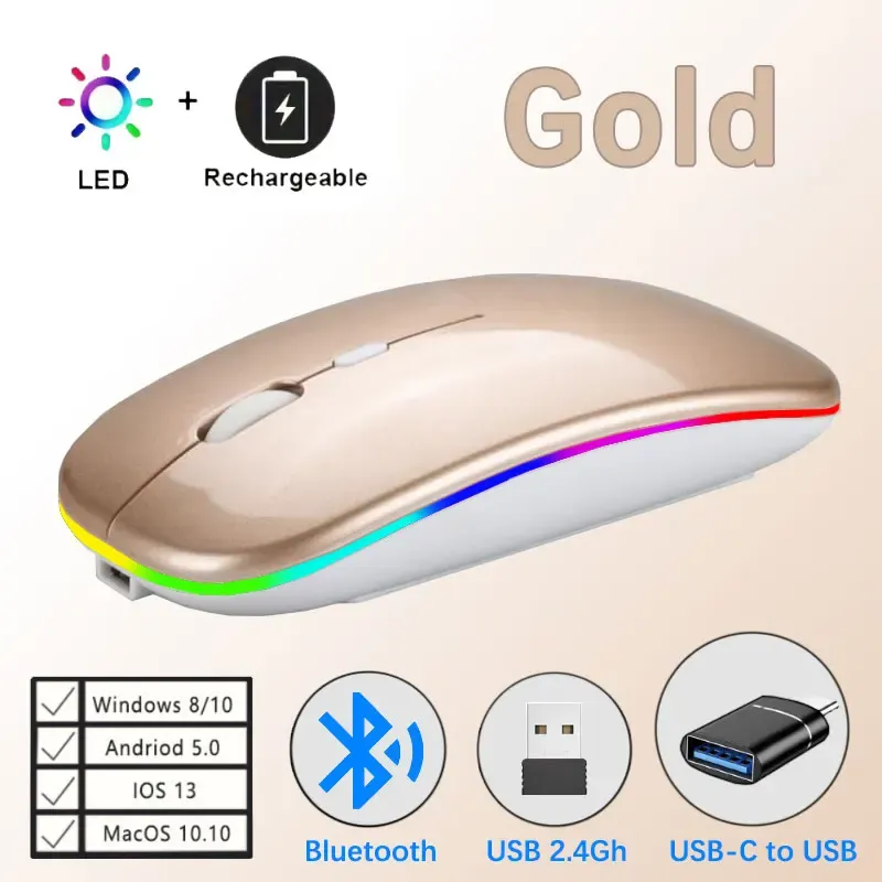 Souris de jeu sans fil rechargeable à rétroéclairage LED, Bluetooth, avec adaptateur USB-C, compatible Mac, ordinateur portable, PC et Windows 15