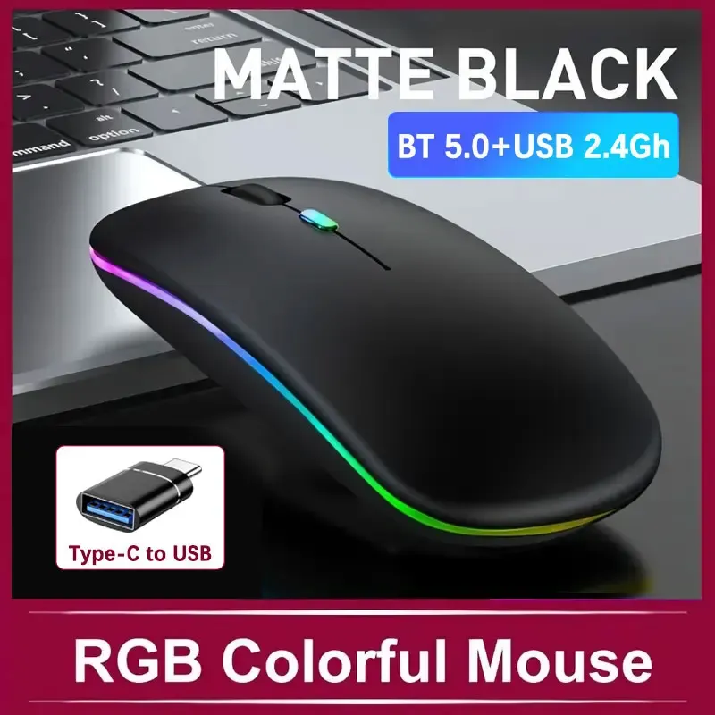 Souris de jeu sans fil rechargeable à rétroéclairage LED, Bluetooth, avec adaptateur USB-C, compatible Mac, ordinateur portable, PC et Windows 10