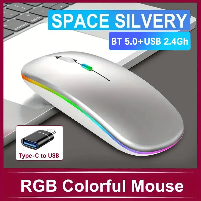 Souris de jeu sans fil rechargeable à rétroéclairage LED, Bluetooth, avec adaptateur USB-C, compatible Mac, ordinateur portable, PC et Windows 9