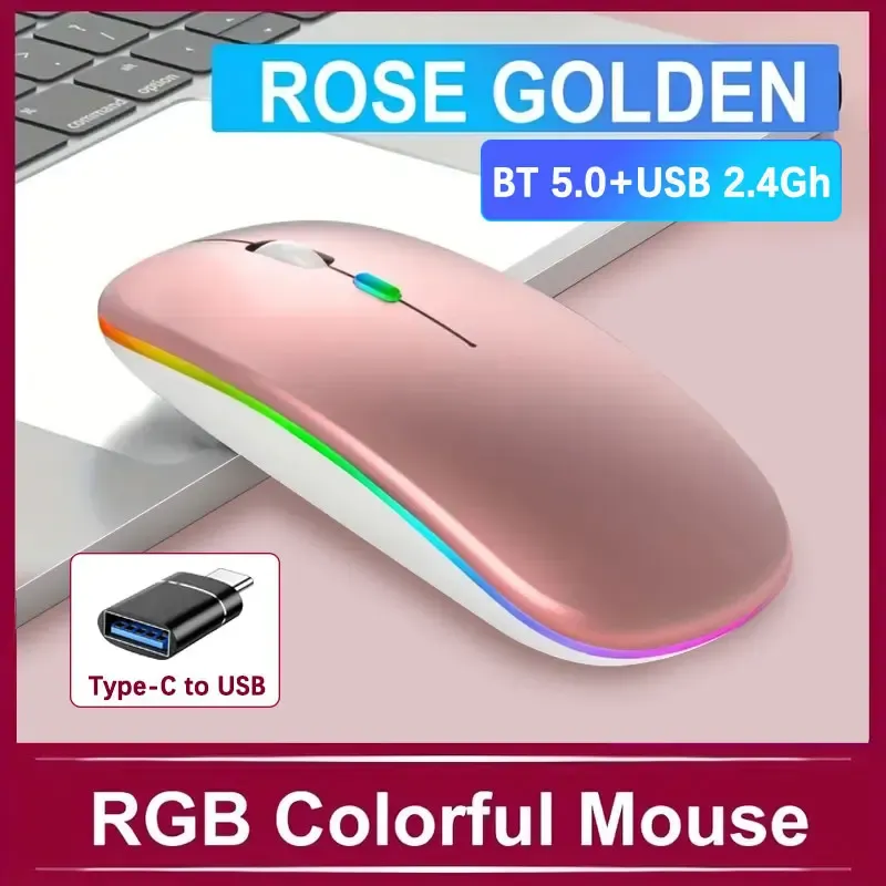 Souris de jeu sans fil rechargeable à rétroéclairage LED, Bluetooth, avec adaptateur USB-C, compatible Mac, ordinateur portable, PC et Windows 8