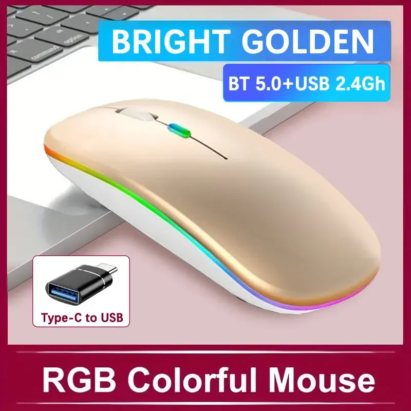Souris de jeu sans fil rechargeable à rétroéclairage LED, Bluetooth, avec adaptateur USB-C, compatible Mac, ordinateur portable, PC et Windows 7