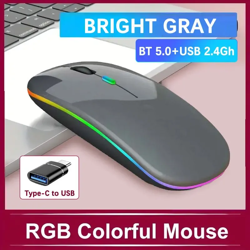 Souris de jeu sans fil rechargeable à rétroéclairage LED, Bluetooth, avec adaptateur USB-C, compatible Mac, ordinateur portable, PC et Windows 16