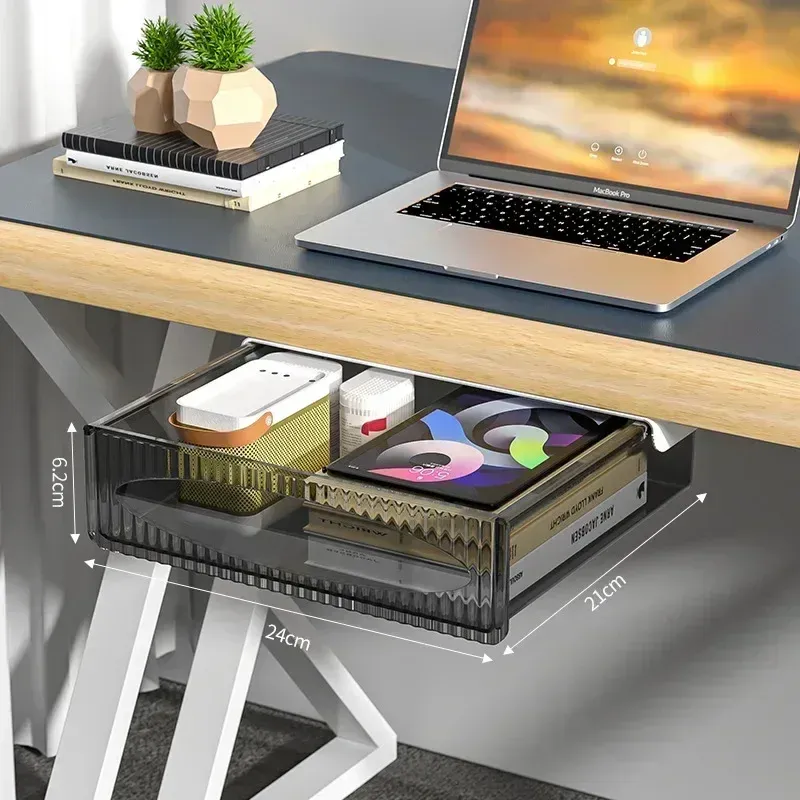Étagère de rangement invisible à fixer sous le plateau de bureau, tiroir coulissant suspendu à grande capacité 7