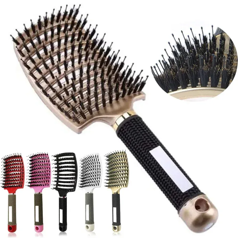 Brosse à cheveux en nylon pour femme, brosse de massage du cuir chevelu avec poils en nylon et poignée incurvée, pour salon de coiffure - Image 1