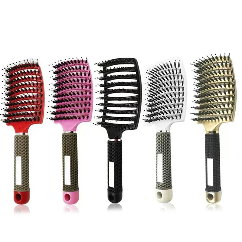 Brosse à cheveux en nylon pour femme, brosse de massage du cuir chevelu avec poils en nylon et poignée incurvée, pour salon de coiffure 2