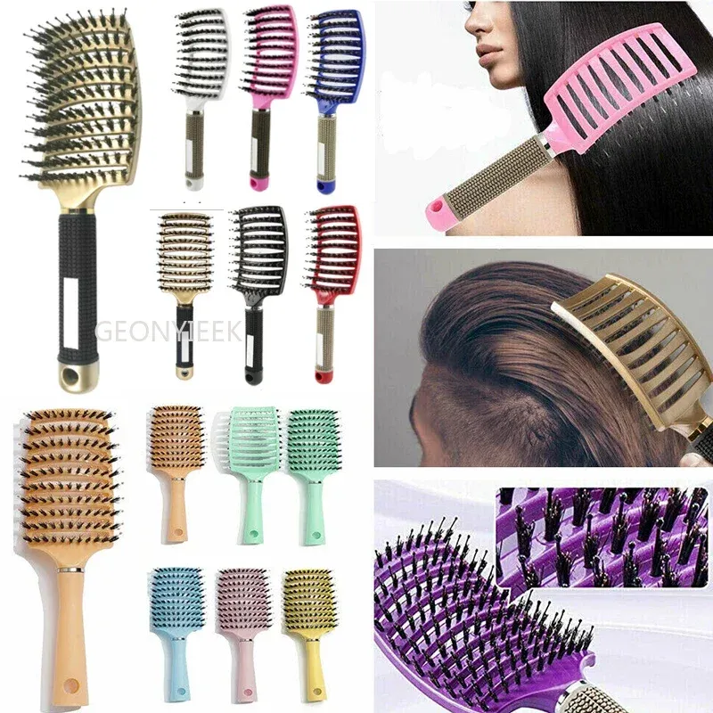 Brosse à cheveux en nylon pour femme, brosse de massage du cuir chevelu avec poils en nylon et poignée incurvée, pour salon de coiffure 3