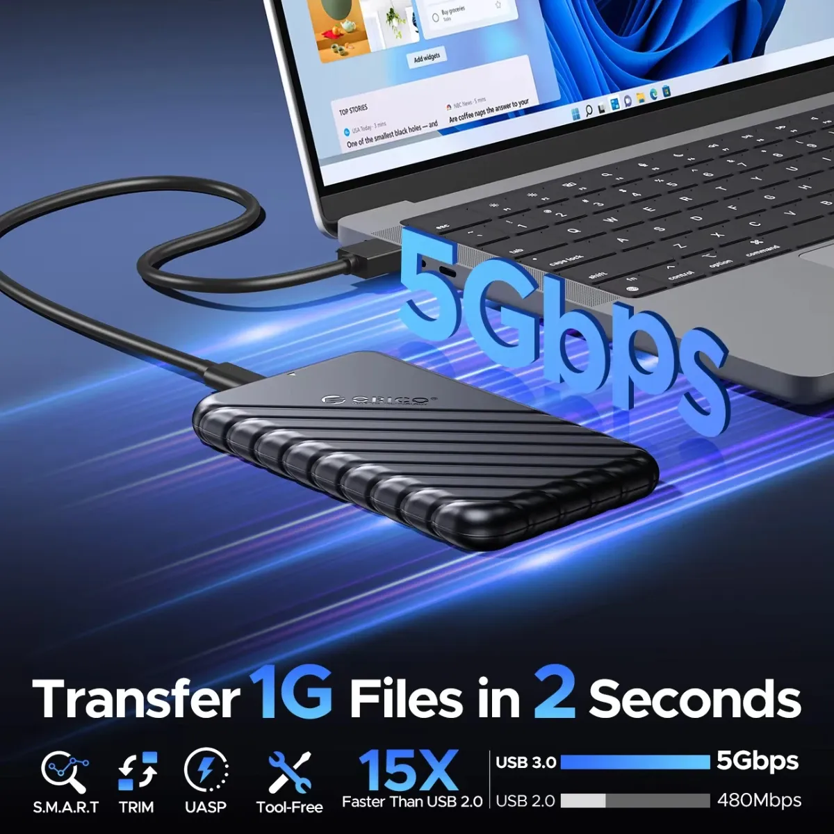 ORICO Boîtier de disque dur SATA vers USB 3.0, 2,5 pouces, USB-C, pour SSD 7-9,5 mm, compatible UASP 2