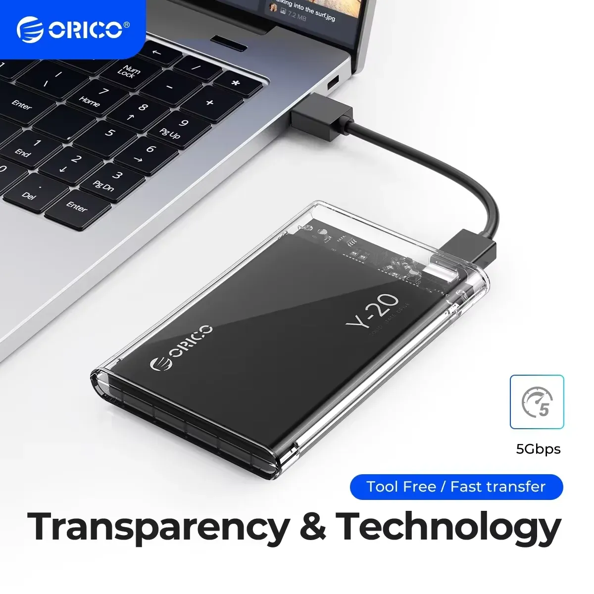 ORICO Boîtier de disque dur SATA vers USB 3.0, 2,5 pouces, USB-C, pour SSD 7-9,5 mm, compatible UASP