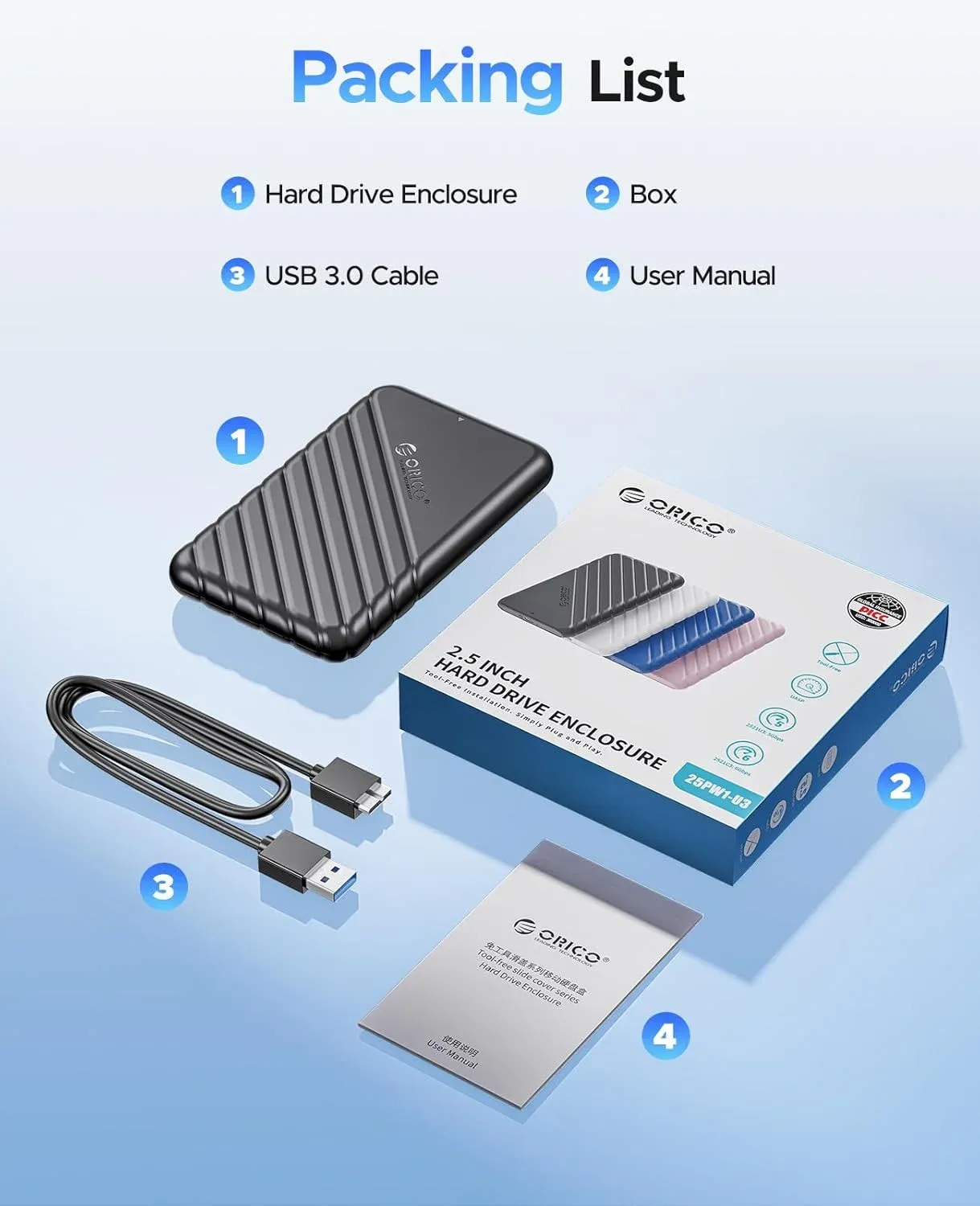 ORICO Boîtier de disque dur SATA vers USB 3.0, 2,5 pouces, USB-C, pour SSD 7-9,5 mm, compatible UASP 6
