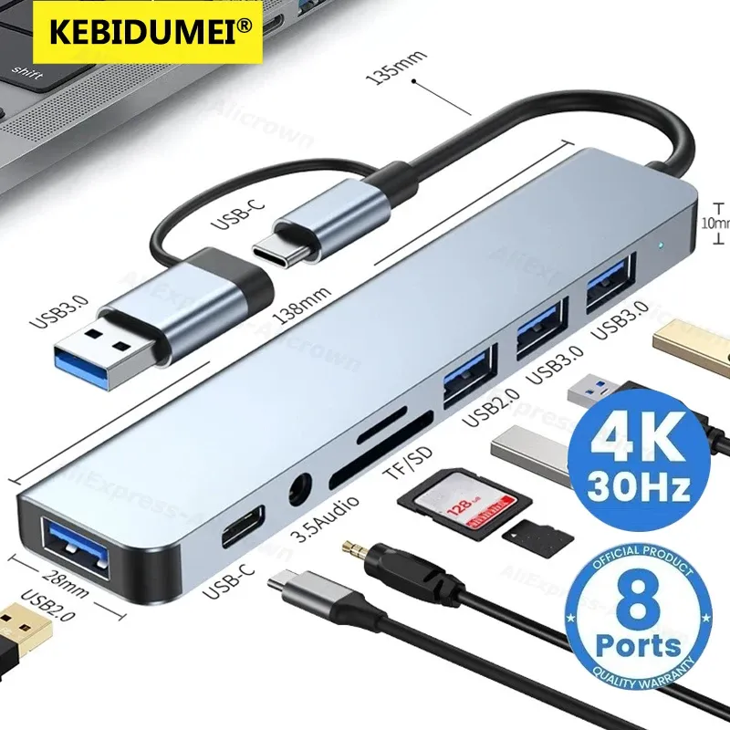 Hub USB 3.0 5 Gbit/s, station d'accueil USB-C, répartiteur haute vitesse, adaptateur multiport, lecteur de cartes SD/TF pour PC, ordinateurs portables et MacBook