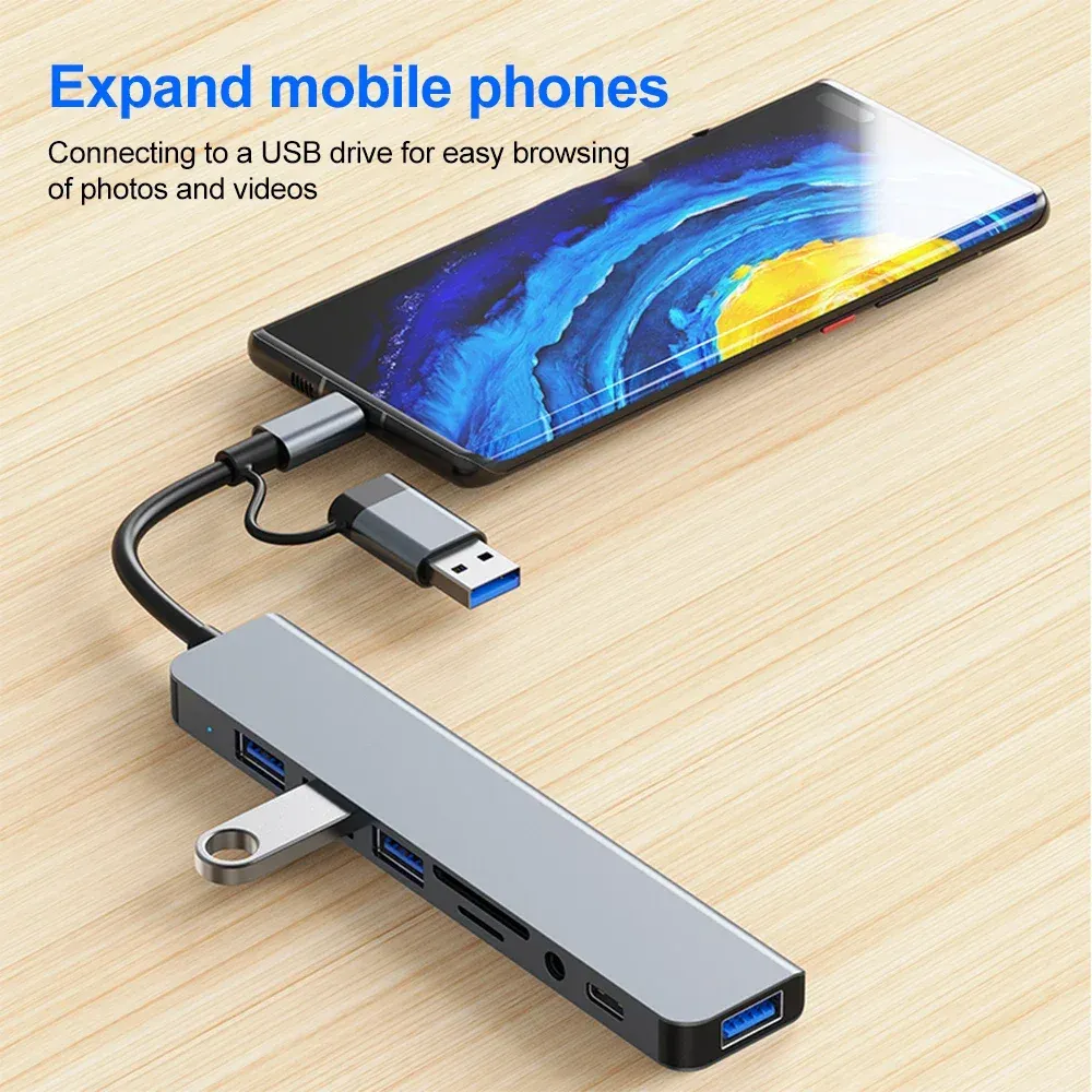 Hub USB 3.0 5 Gbit/s, station d'accueil USB-C, répartiteur haute vitesse, adaptateur multiport, lecteur de cartes SD/TF pour PC, ordinateurs portables et MacBook 3