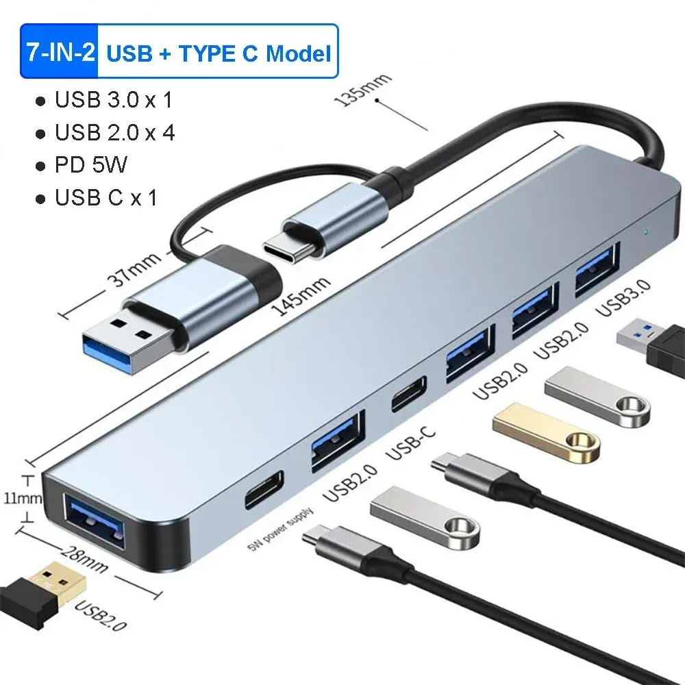 Hub USB 3.0 5 Gbit/s, station d'accueil USB-C, répartiteur haute vitesse, adaptateur multiport, lecteur de cartes SD/TF pour PC, ordinateurs portables et MacBook 10