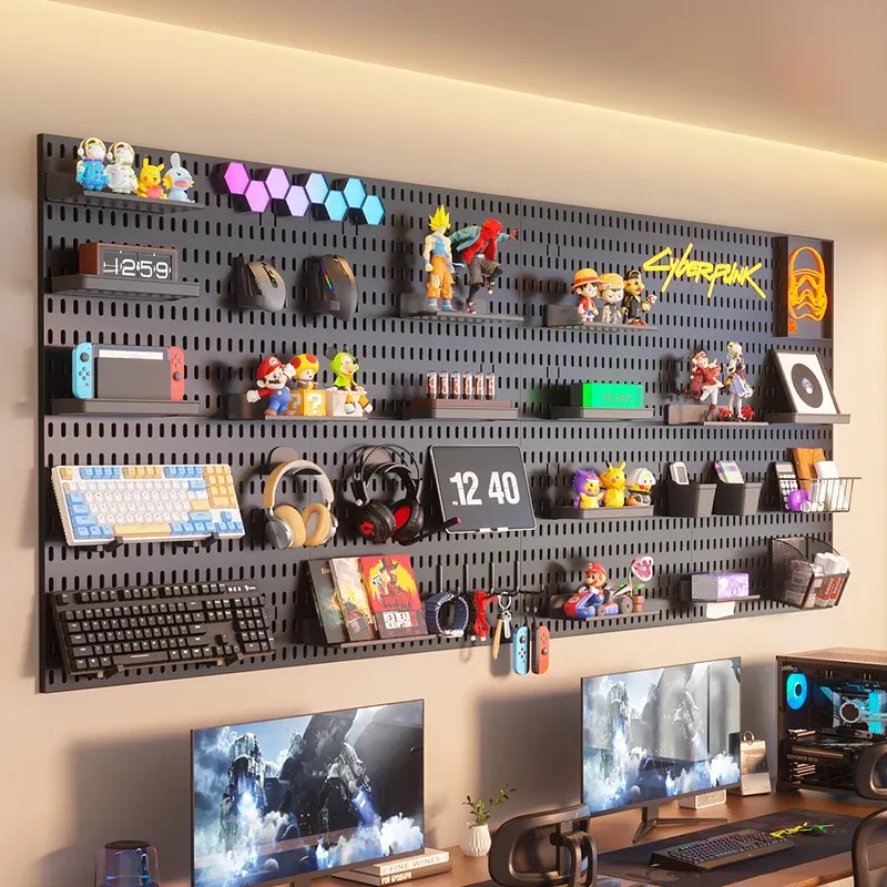 Panneau perforé sans perçage pour salle de jeu, organisateur mural pour manettes, support casque et clavier, rangement multifonction 1