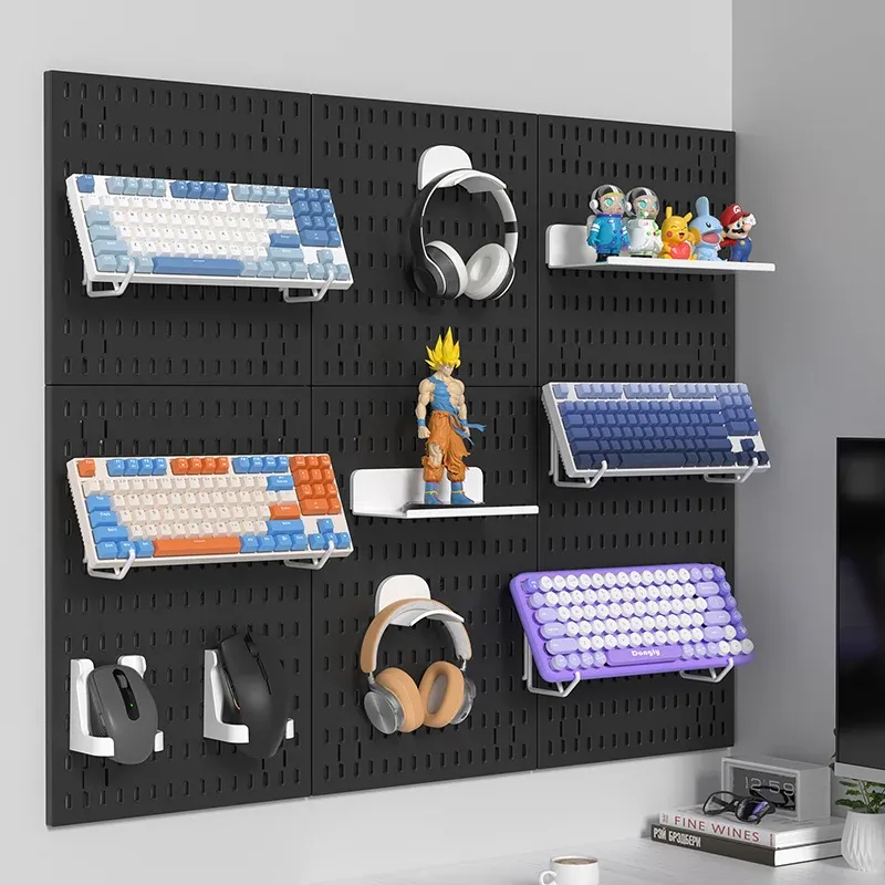 Panneau perforé sans perçage pour salle de jeu, organisateur mural pour manettes, support casque et clavier, rangement multifonction 3