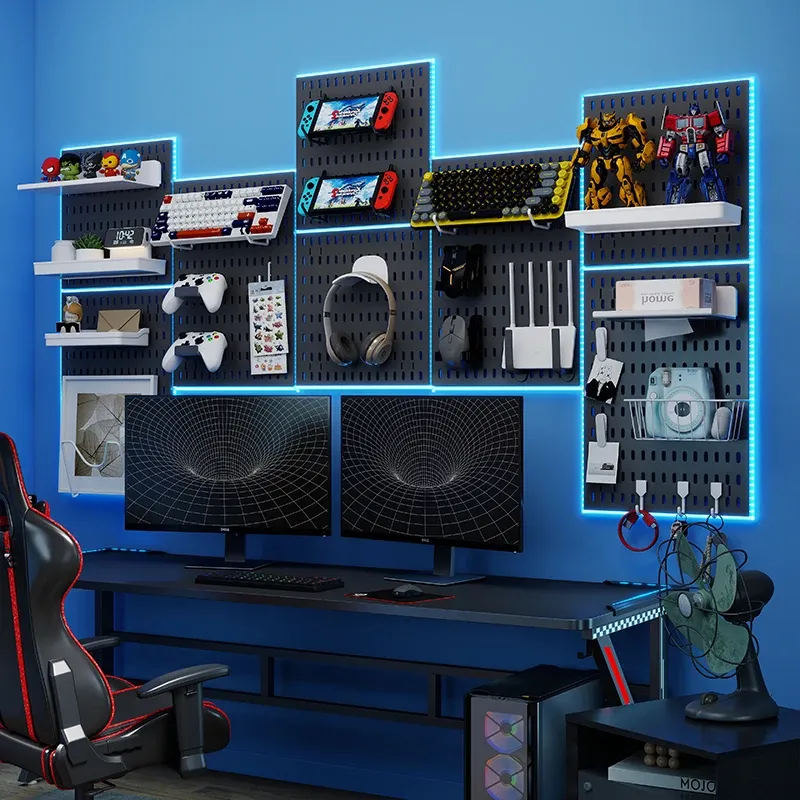 Panneau perforé sans perçage pour salle de jeu, organisateur mural pour manettes, support casque et clavier, rangement multifonction 2