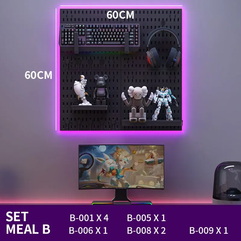 Panneau perforé sans perçage pour salle de jeu, organisateur mural pour manettes, support casque et clavier, rangement multifonction 26