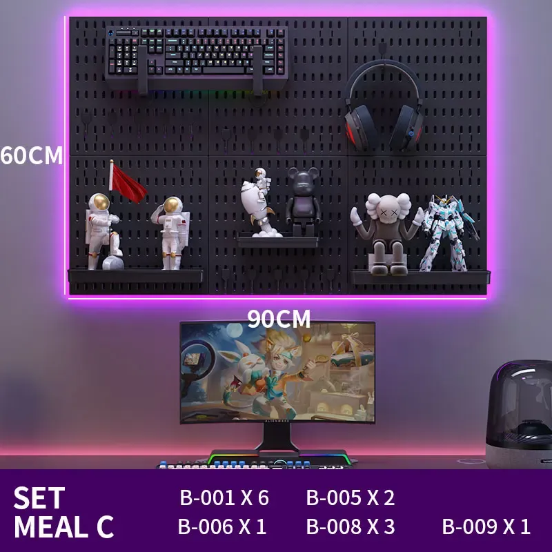 Panneau perforé sans perçage pour salle de jeu, organisateur mural pour manettes, support casque et clavier, rangement multifonction 25