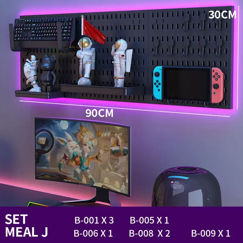 Panneau perforé sans perçage pour salle de jeu, organisateur mural pour manettes, support casque et clavier, rangement multifonction 28