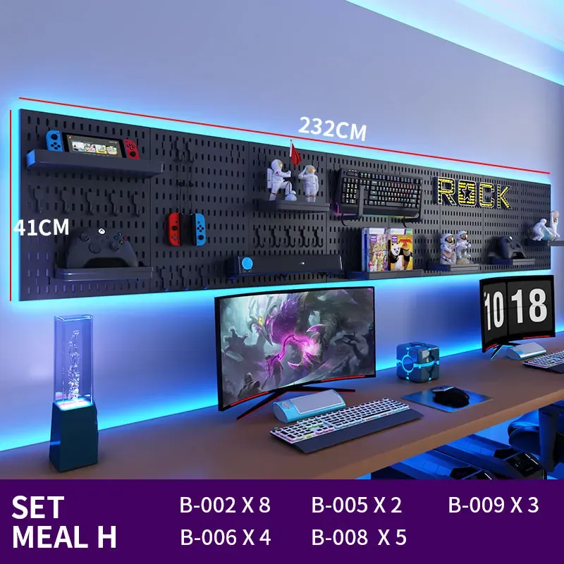 Panneau perforé sans perçage pour salle de jeu, organisateur mural pour manettes, support casque et clavier, rangement multifonction 55