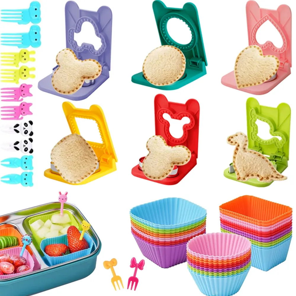 Boîte à déjeuner bento pour enfants avec mini fourchettes à fruits, coupe-fruits, récipient à sauce soja et caissettes à cupcakes en silicone - Image 1