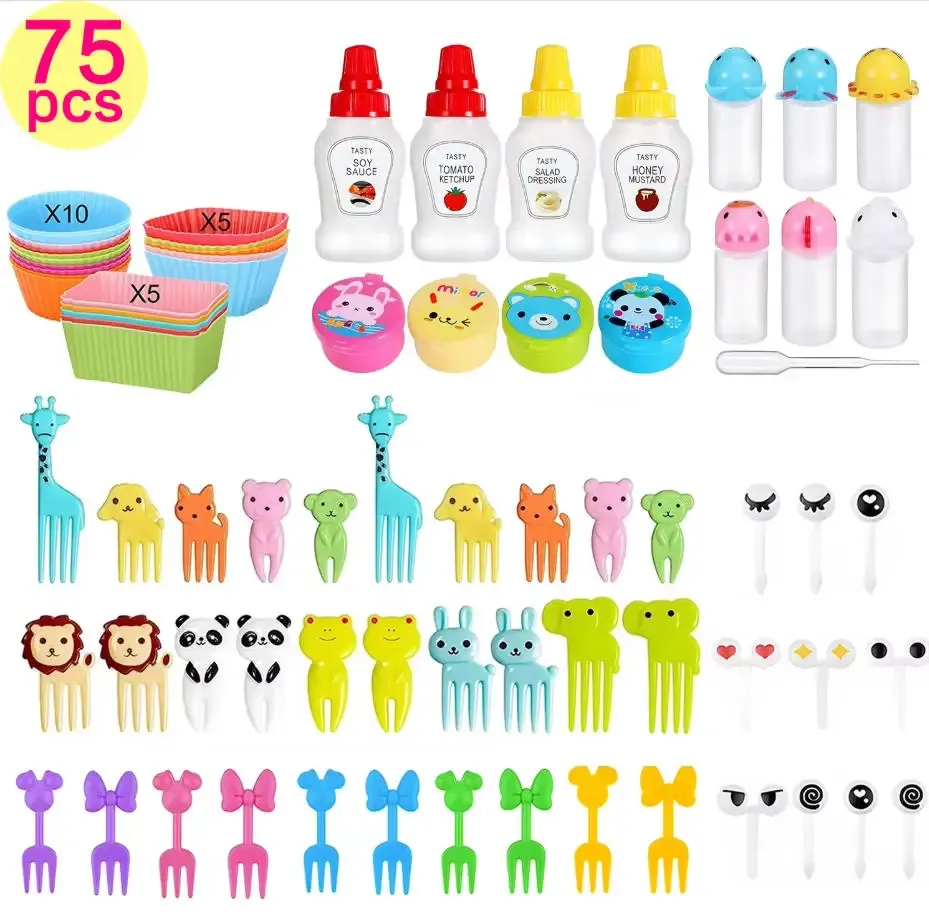 Boîte à déjeuner bento pour enfants avec mini fourchettes à fruits, coupe-fruits, récipient à sauce soja et caissettes à cupcakes en silicone 13