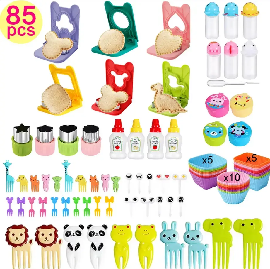 Boîte à déjeuner bento pour enfants avec mini fourchettes à fruits, coupe-fruits, récipient à sauce soja et caissettes à cupcakes en silicone 9