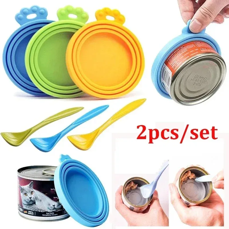 Couvercle hermétique réutilisable en silicone avec cuillère pour boîte de nourriture pour chats et chiens - Image 1